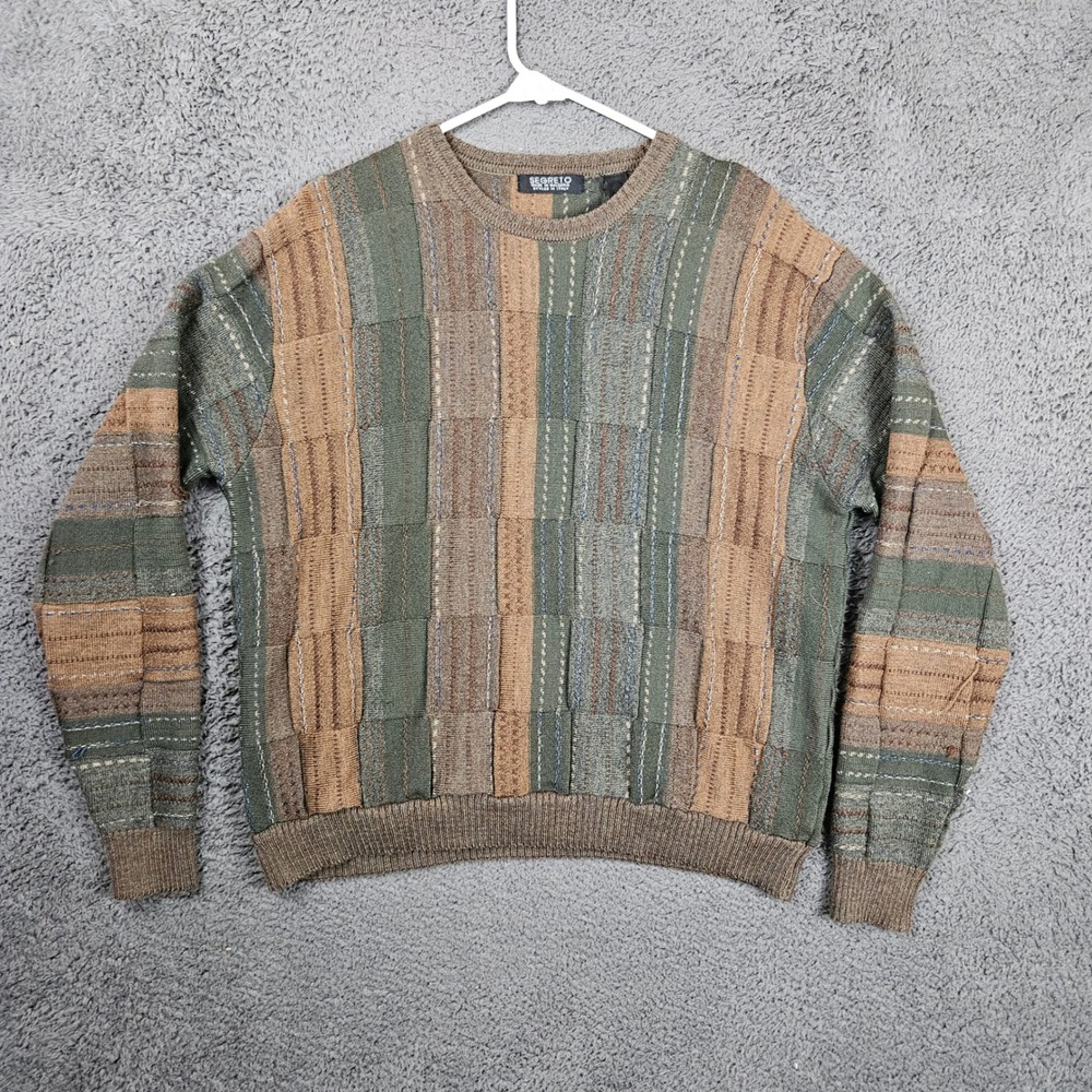 Segreto Mens Vintage Patchwork Geometric Knit Sweater Earth Tones Size‎ Large
